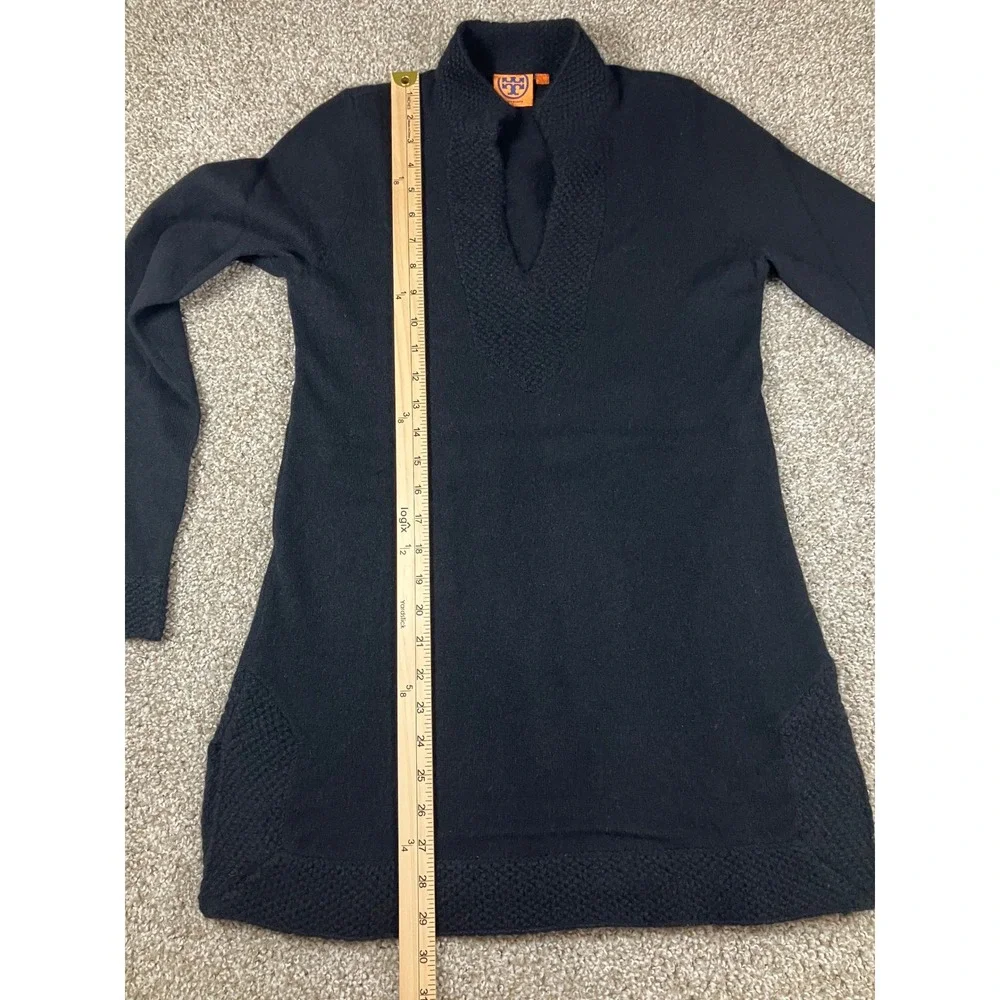 Tory Burch Black 100% Cashmere Split Neck Tunic Sweater Waffle Knit Trim S